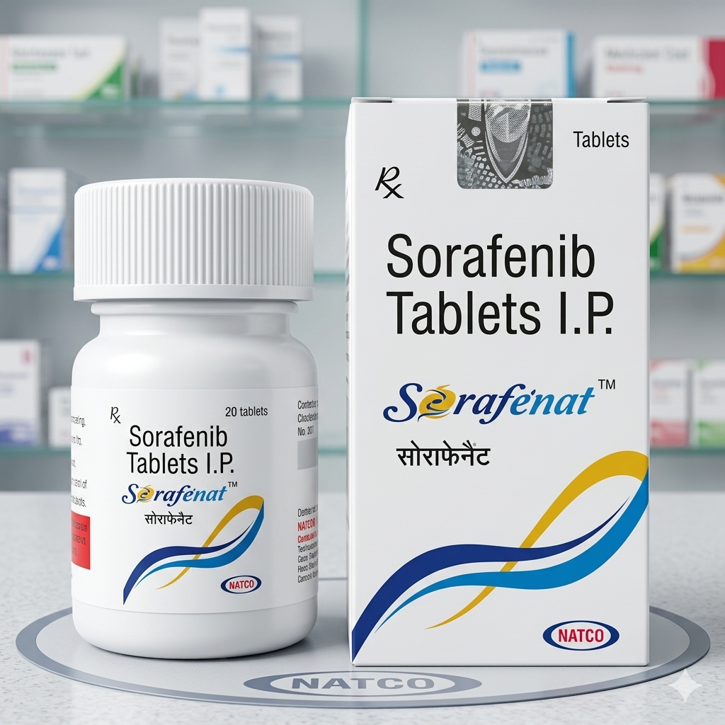 Sorafenib tablets with water on a medical table