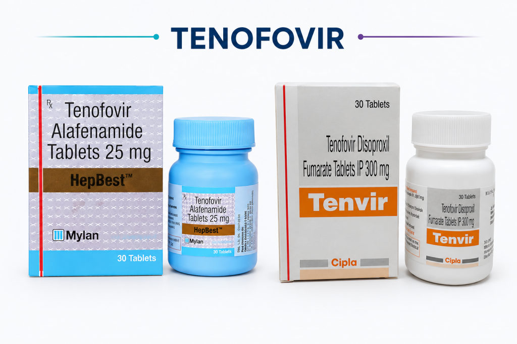 Two antiviral medicine products displayed side by side on a clean white background under the title “TENOFOVIR.” On the left is Tenofovir Alafenamide Tablets 25 mg (HepBest by Mylan) with a matching blue medicine bottle and box. On the right is Tenofovir Disoproxil Fumarate Tablets IP 300 mg (Tenvir by Cipla)