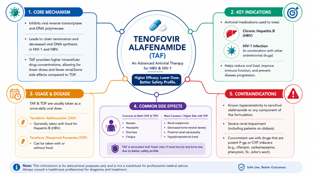 Tenofovir Alafenamide (TAF) and Tenofovir Disoproxil Fumarate (TDF), showing antiviral mechanism, HBV and HIV indications, dosage guidance, side effects, contraindications, and renal/bone safety comparison