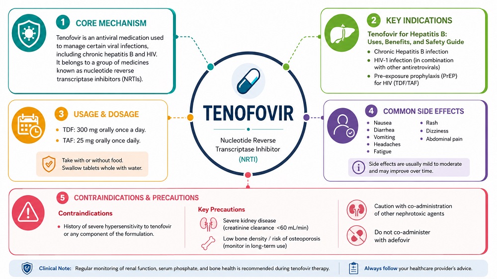 Tenofovir antiviral medication showing its mechanism, Hepatitis B treatment uses, dosage, side effects, and contraindications